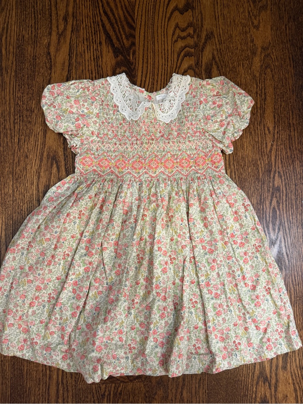 next Floral Smocked Dress with Lace Collar - Pink Cream Green